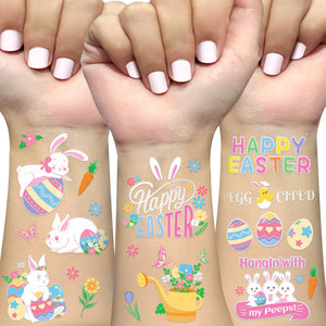 Tatuajes Ovasorve Pascua: huevos brillantes para decorar bolsas y risas infantiles.
