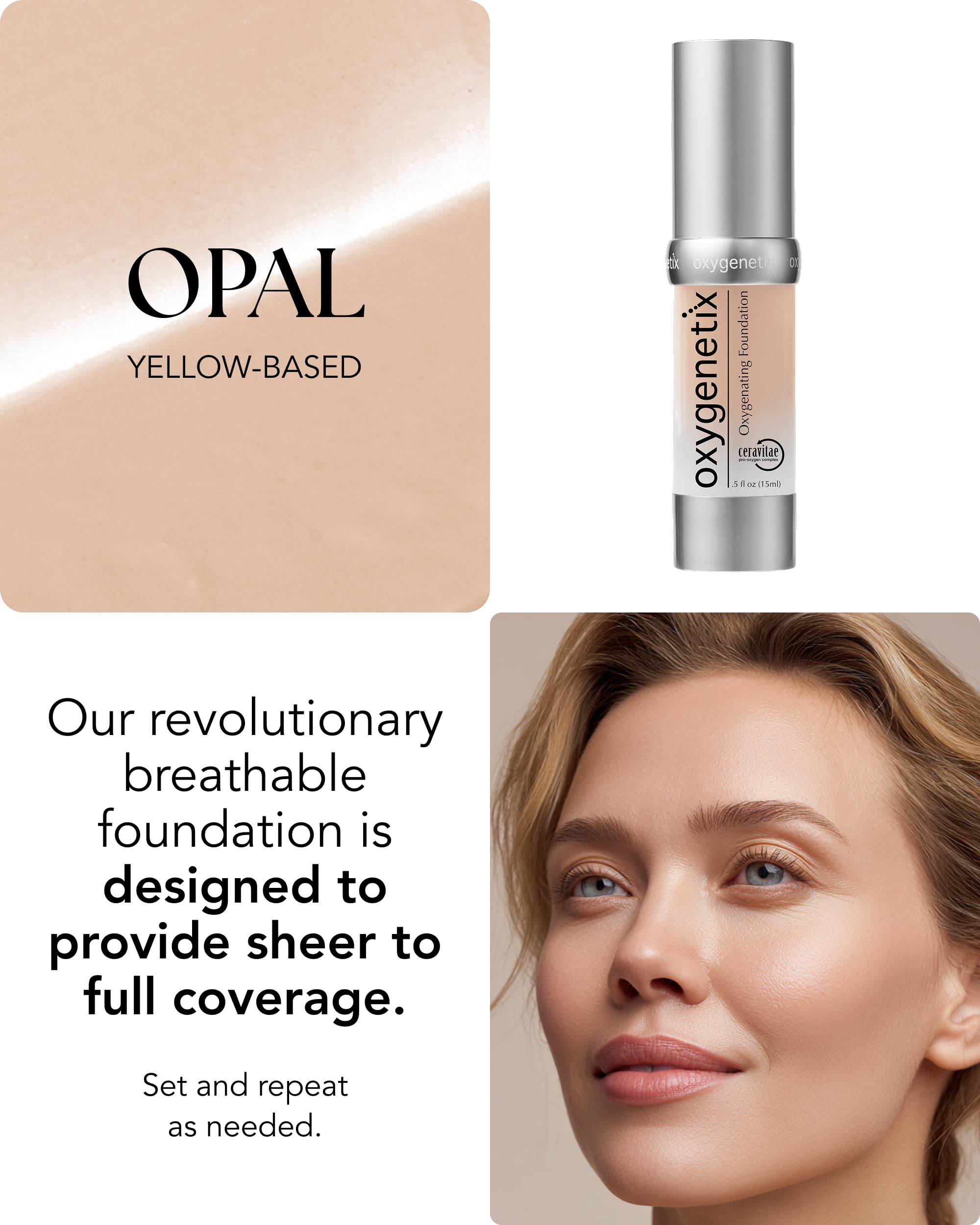 Oxygenetix Oxygenating Foundation Opal ofrece cobertura ajustable con acabado natural.