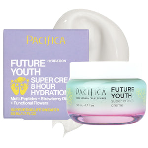 Pacifica Crema Futuro Juventud en botella, hidratación profunda y ligera para la piel.