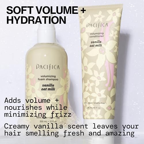 Pacifica vainilla avena cabello fino volumen visible raíces elevadas.