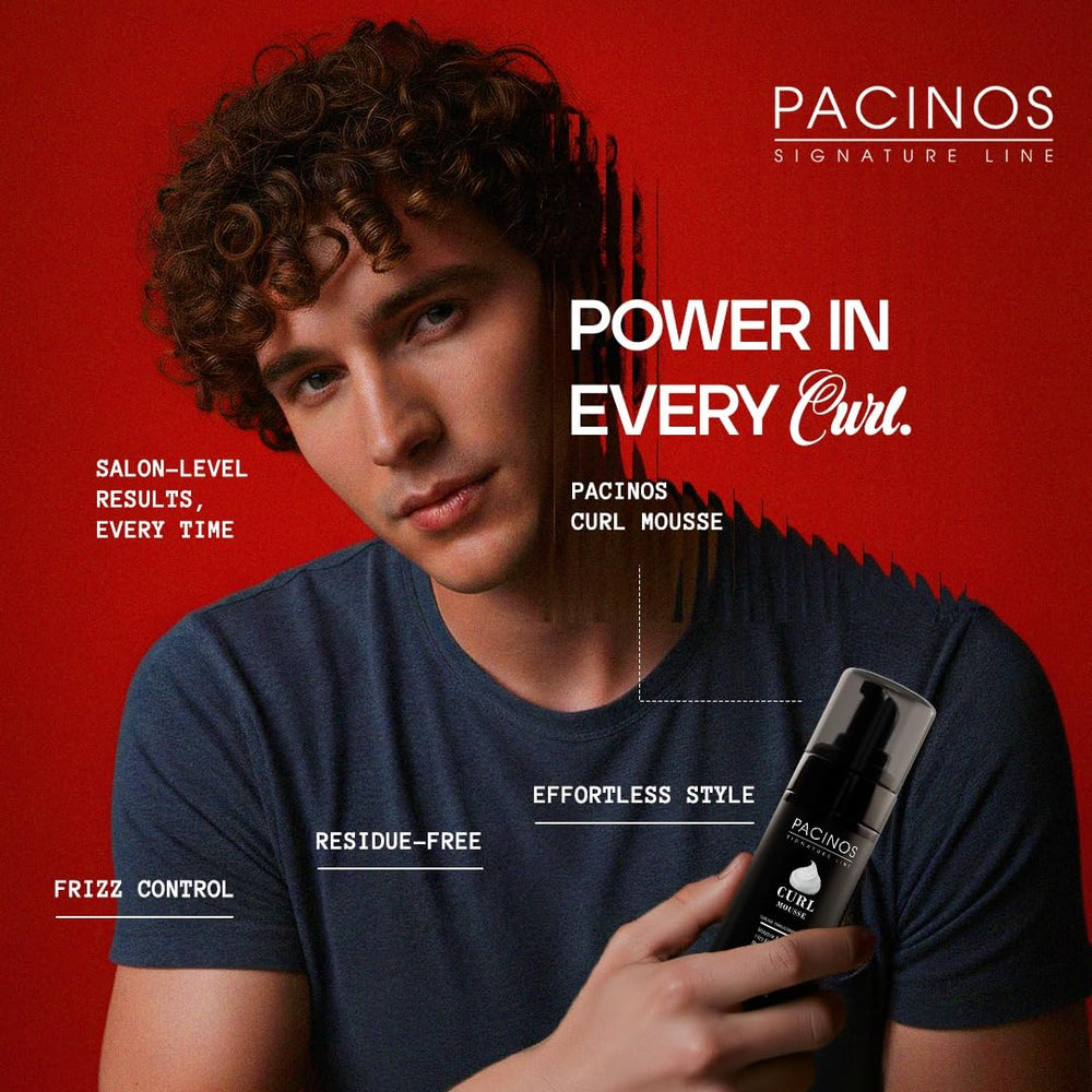 Pacinos Signature Line Mousse aplicación en cabello húmedo para definición sin esfuerzo.