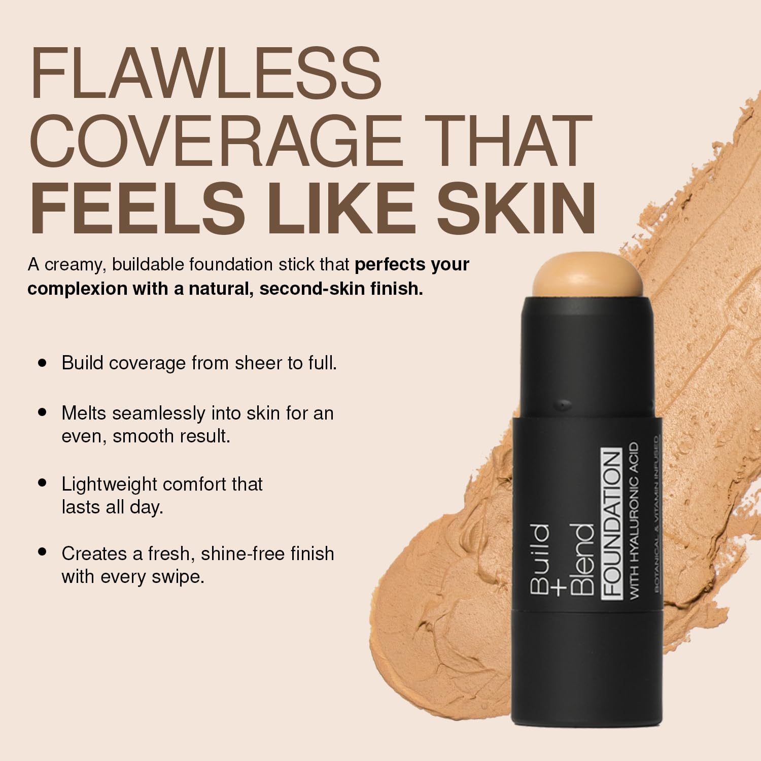Palladio BUILD & BLEND Foundation Stick contiene ácido hialuronico para piel mas suave