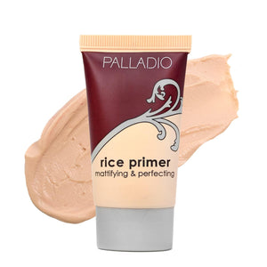 Palladio Primer de Arroz en botella frontal para control de brillo ligero.
