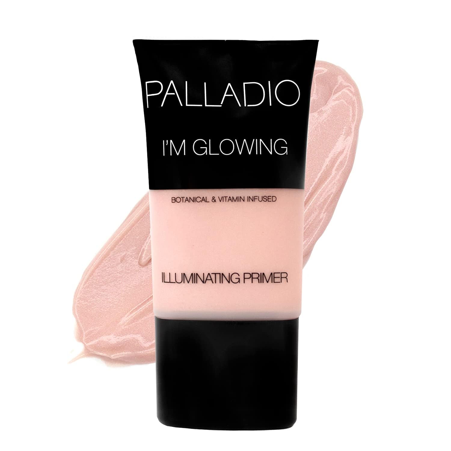 Palladio primer iluminador rosado perlado en botella para brillo suave.