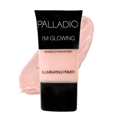Palladio primer iluminador rosado perlado en botella para brillo suave.