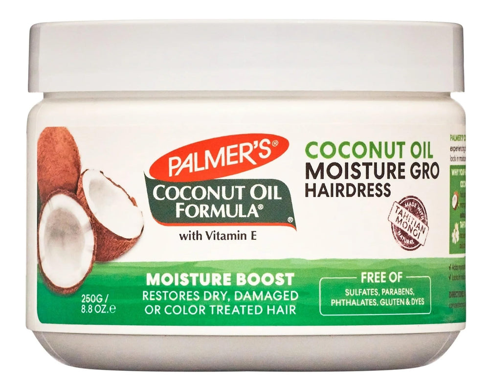 Palmer’s Aceite de Coco Formula Moisture Gro, cabello brillante, uso diario recomendado.