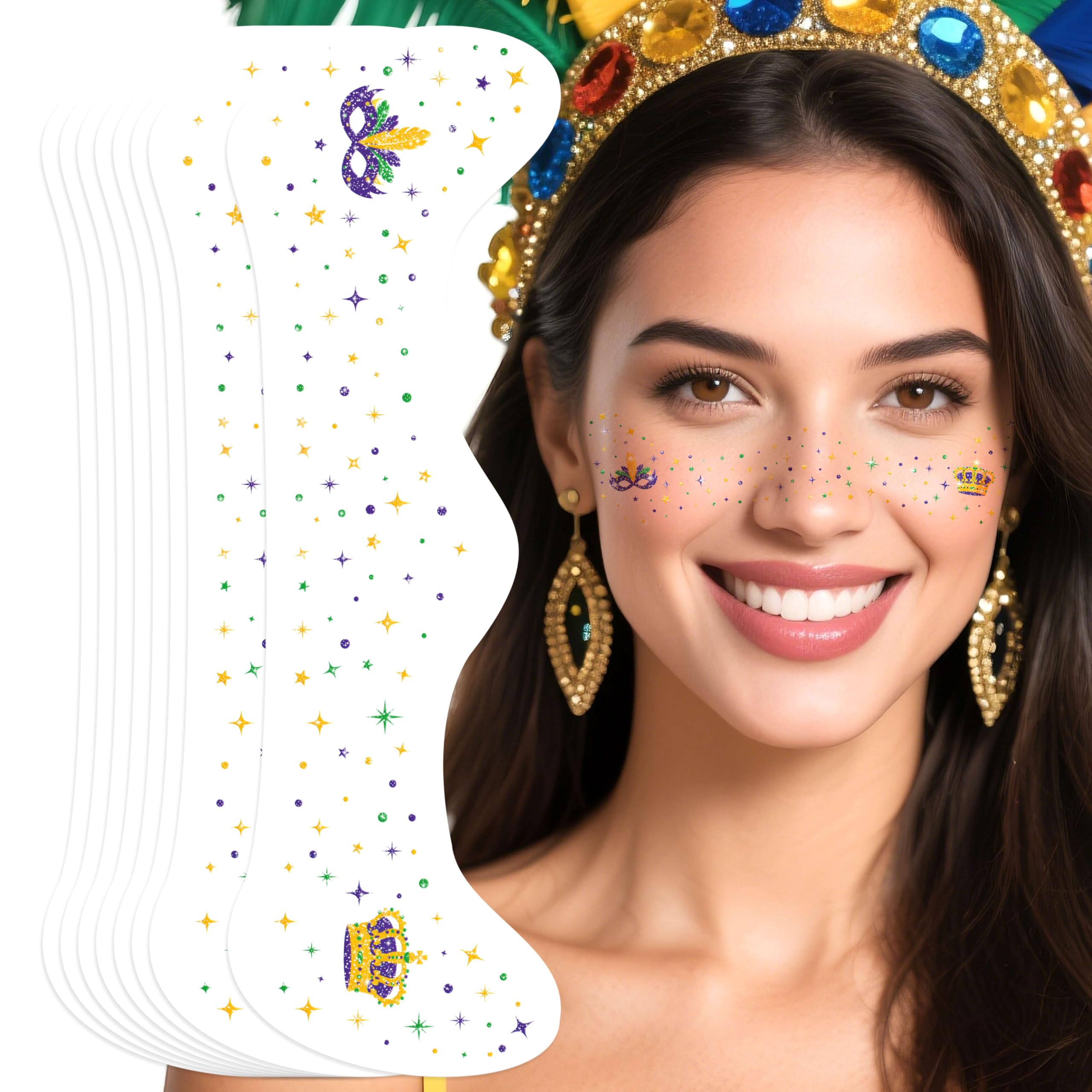Paminify Mardi Gras tatuajes faciales brillantes verde oro, ideales para looks festivos y duración prolongada.