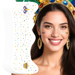 Paminify Mardi Gras tatuajes faciales brillantes verde oro, ideales para looks festivos y duración prolongada.