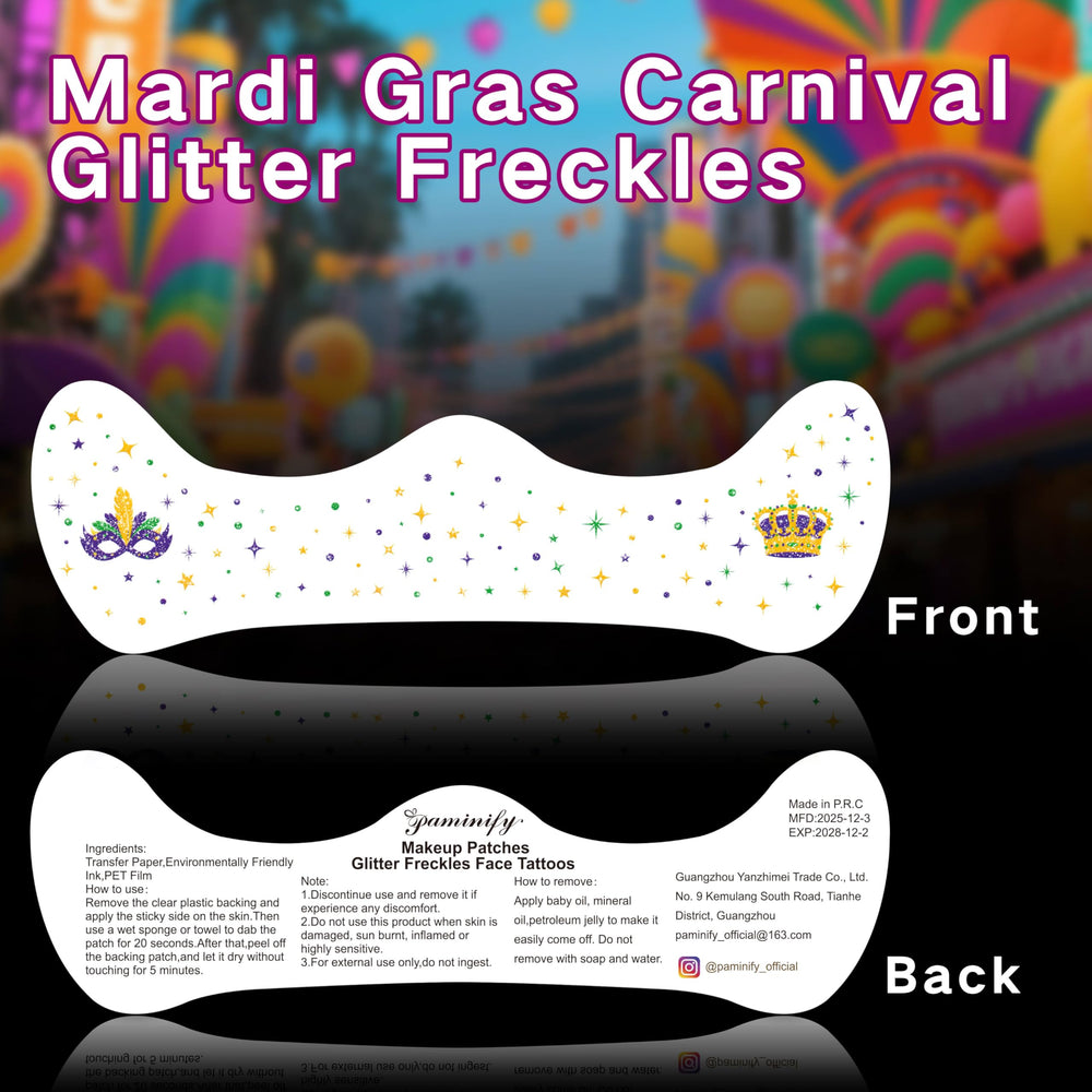 Paminify Mardi Gras tatuajes faciales colección carnaval para looks vibrantes.