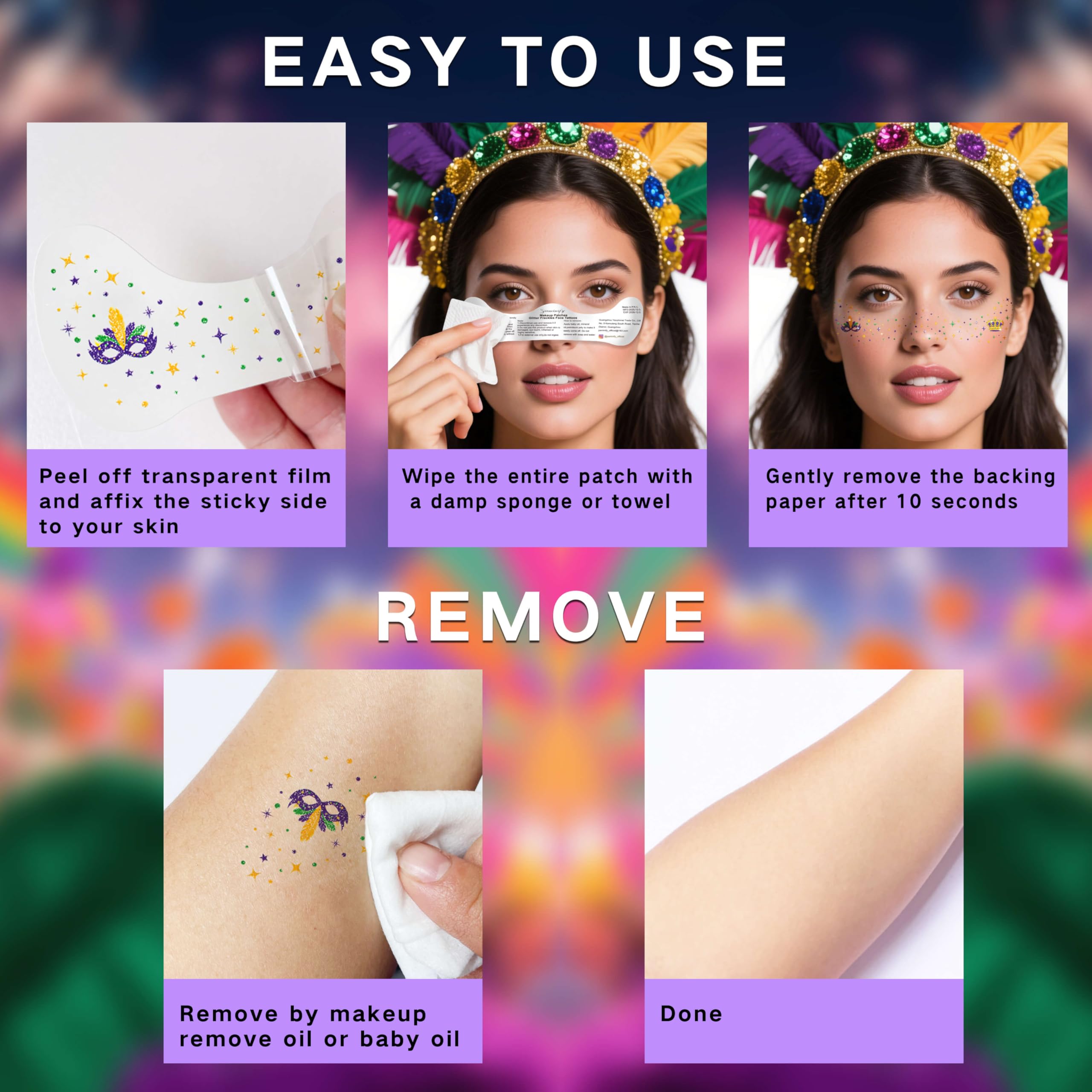 Paminify Mardi Gras tatuajes faciales fáciles de quitar con aceite de bebé.