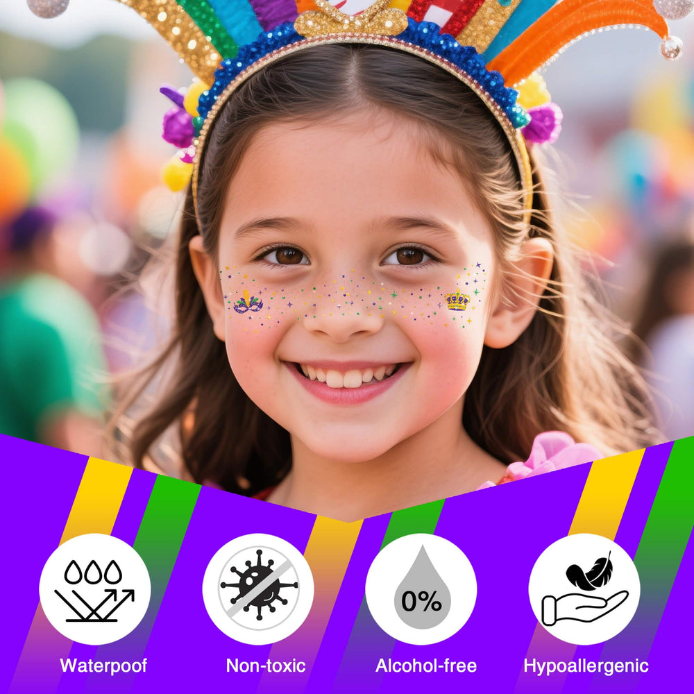 Paminify Mardi Gras tatuajes faciales resistentes al agua, perfectos para fiestas al aire libre.