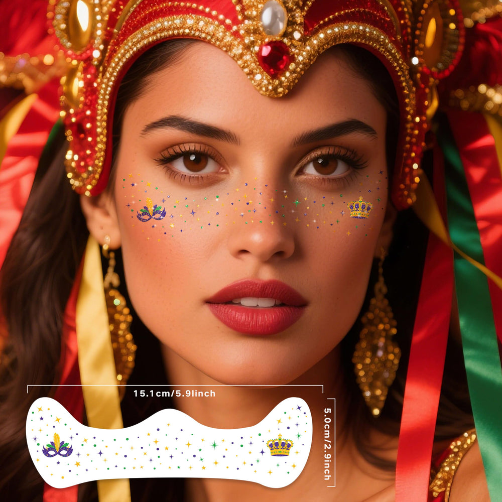 Paminify Mardi Gras tatuajes faciales seguros para piel sensible.