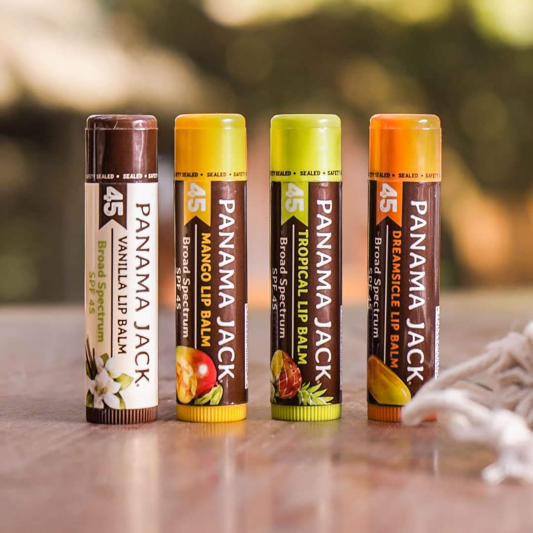 Panama Jack textura sedosa, bálsamo SPF45 para labios suaves.