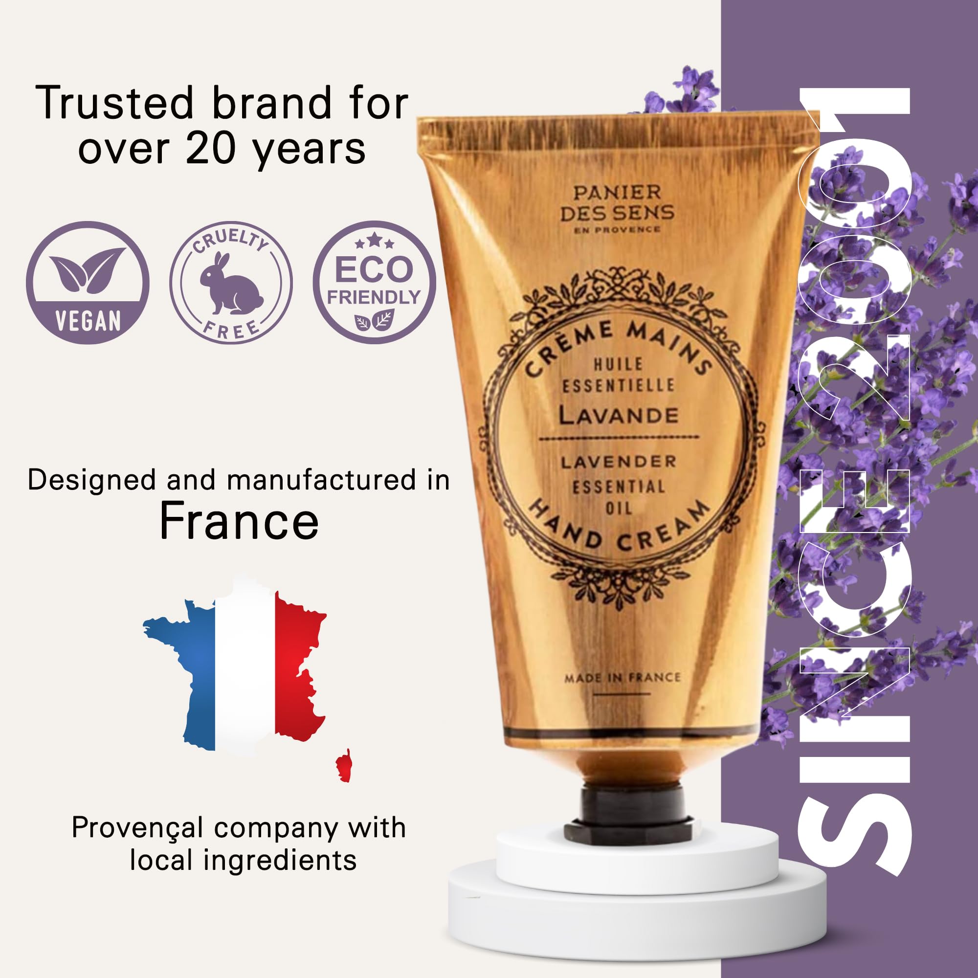 Panier des Sens crema de manos lavanda, envase reciclable para cuidado sostenible.