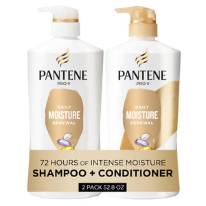 Pantene champú Daily Moisture Renewal en botella; hidratación diaria para cabello seco.