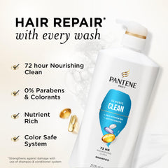 Close-up of Pantene Classic Clean label with antioxidants and pH-balanced formula.