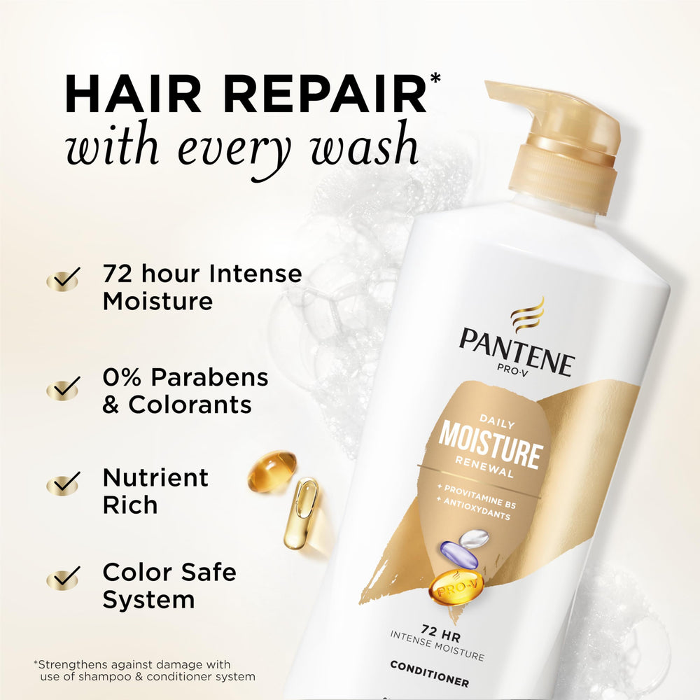 Applying Pantene conditioner to damp hair for even softness and manageability.
