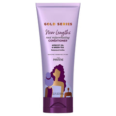 Pantene Gold Series: botella del acondicionador visible para cabello suave.