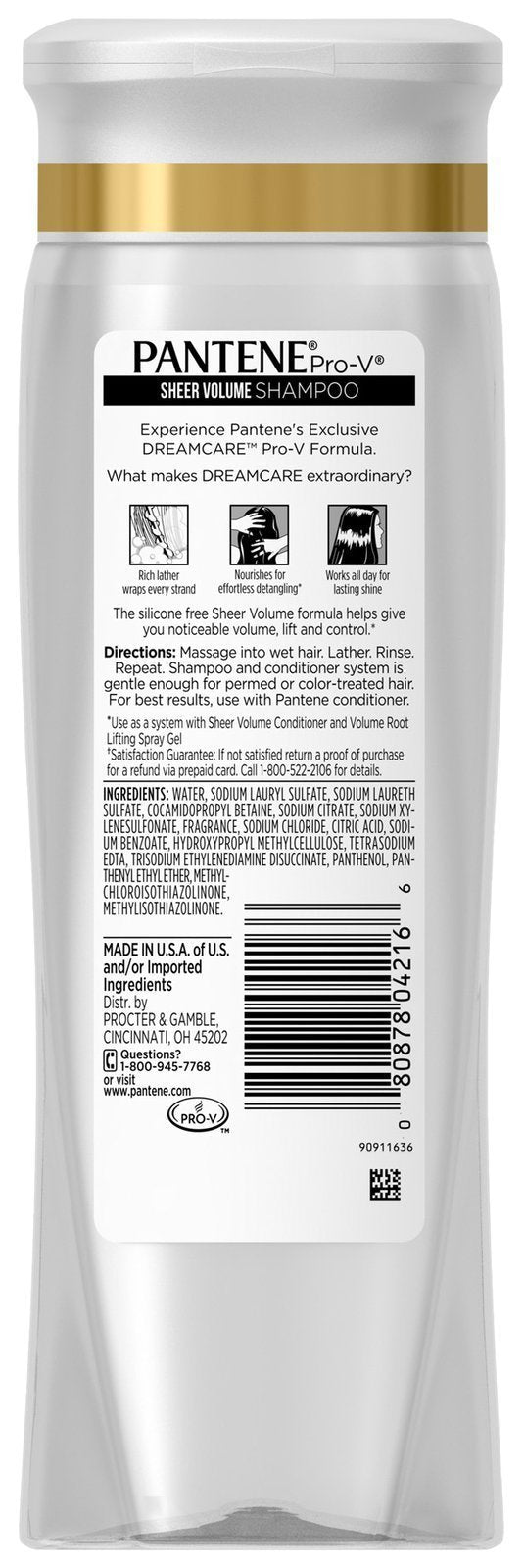 Champú Pantene Pro-V Volumen Suave, etiqueta visible, ayuda a mantener la salud y volumen del cabello.
