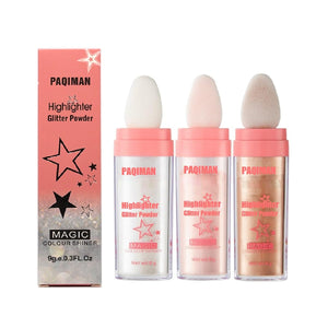 PAQIMAN iluminador glitter de tres colores para realzar rasgos faciales con brillo suave.