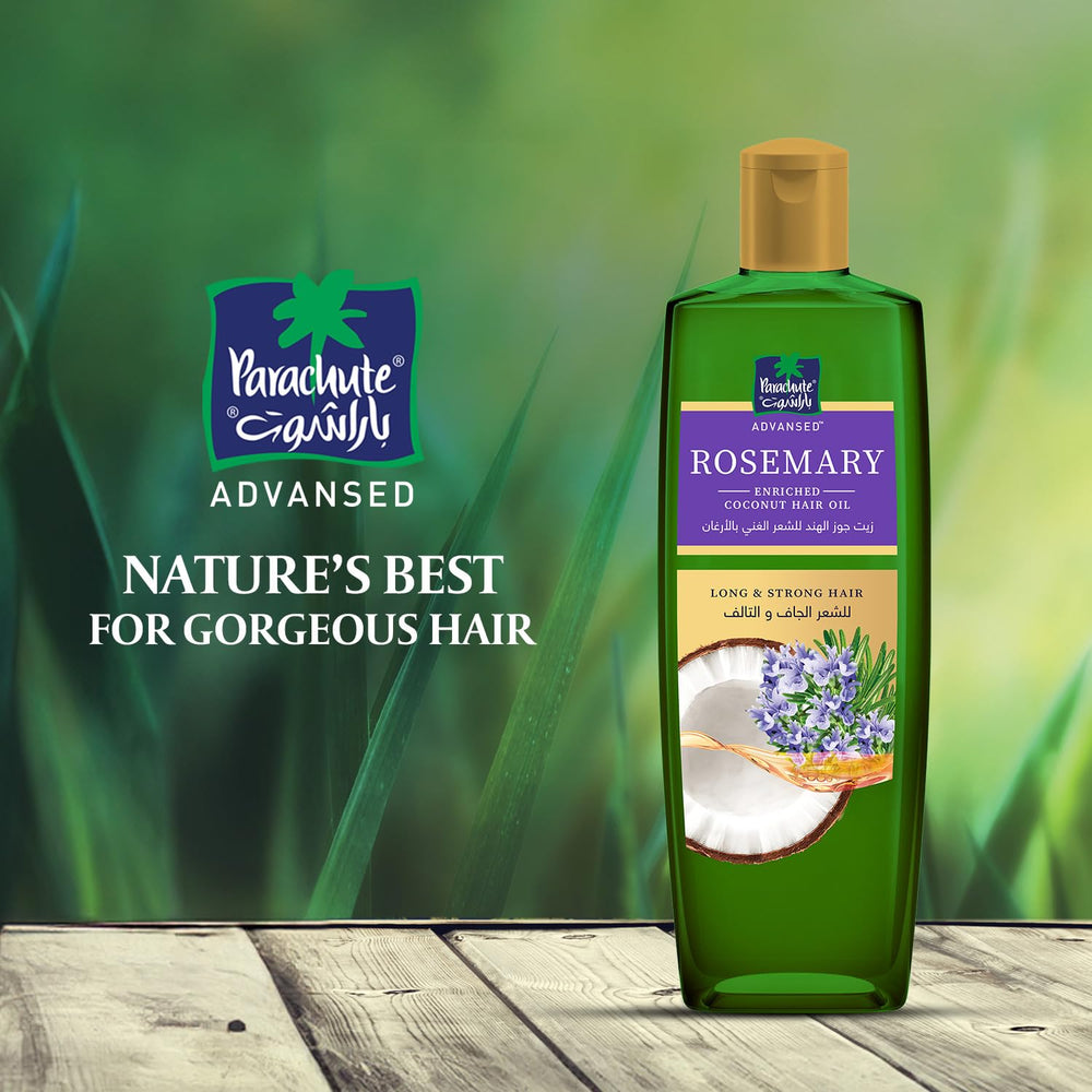 Parachute Advansed: aplicación de aceite en cuero cabelludo para nutrir raíces.