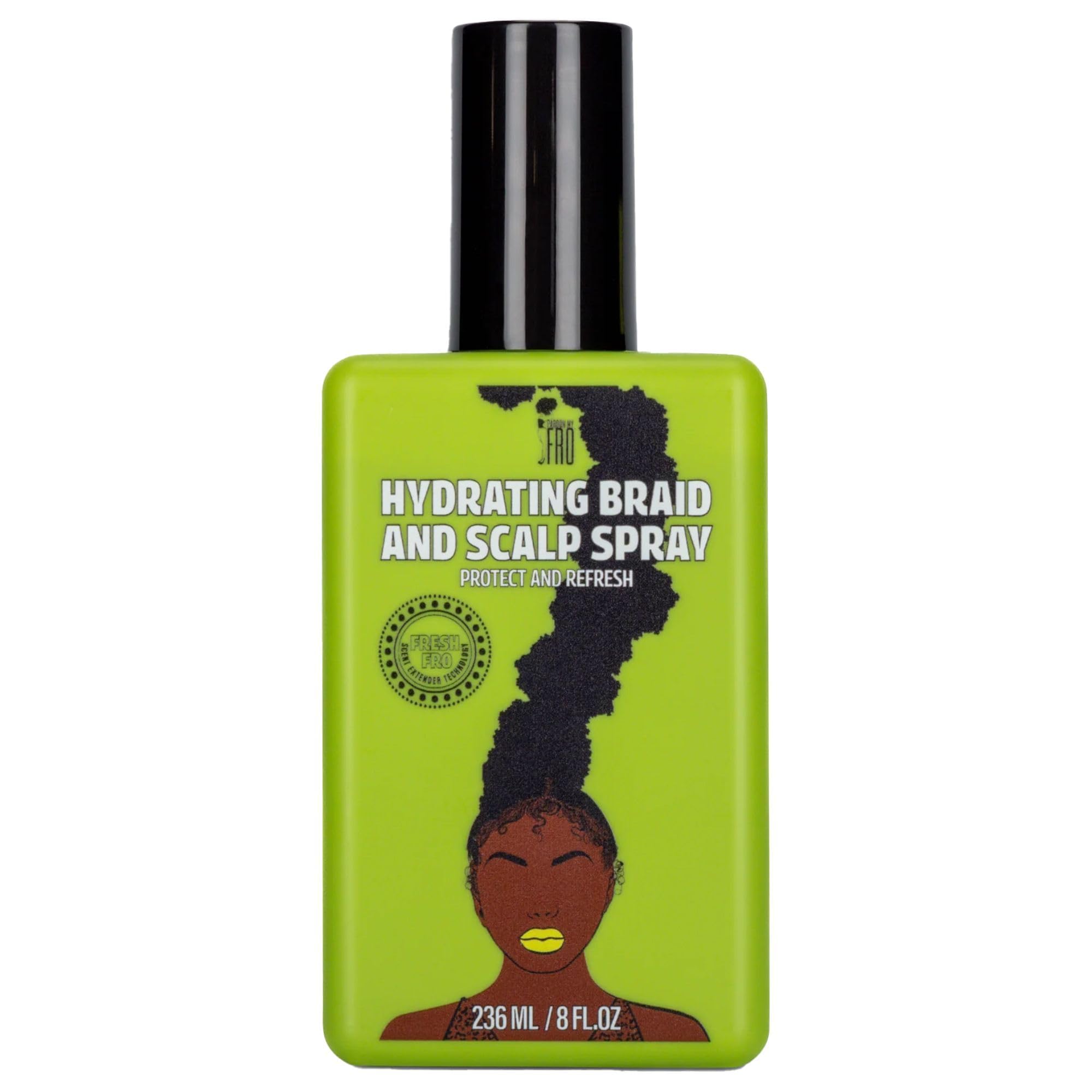 Pardon My Fro, aerosol hidratante para trenzas y cuero cabelludo con hidratación duradera.