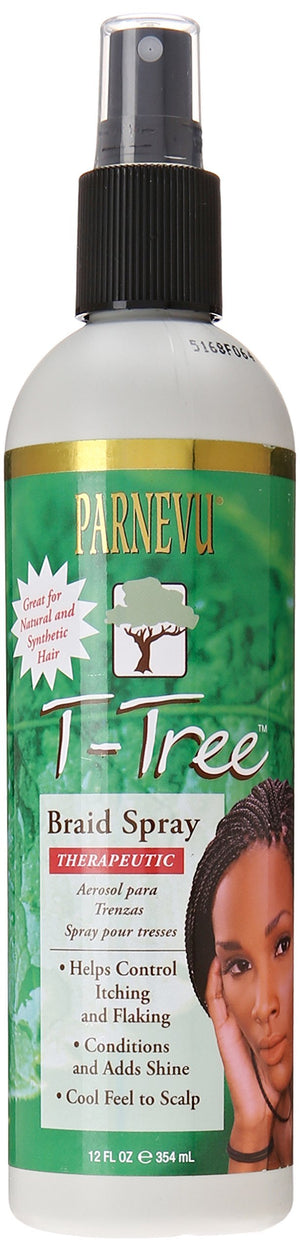 Parnevu T-Tree Braid Spray en envase, ofrece hidratación y brillo para trenzas.