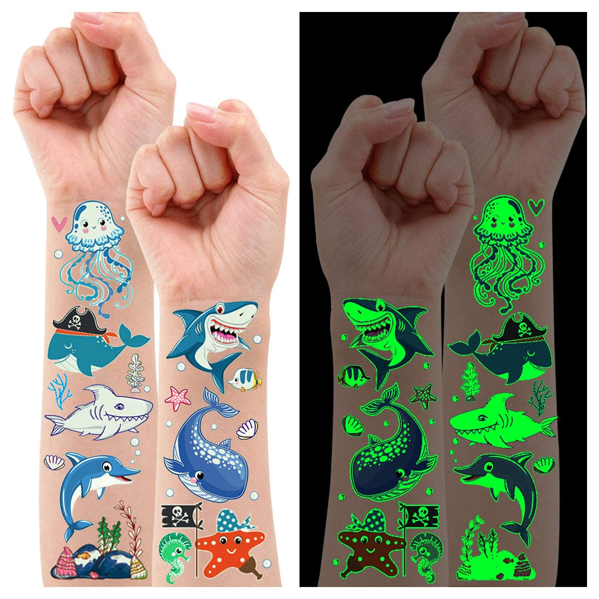 Tatuaje tiburón luminoso de Partywind, ideal para fiestas infantiles con brillo nocturno.