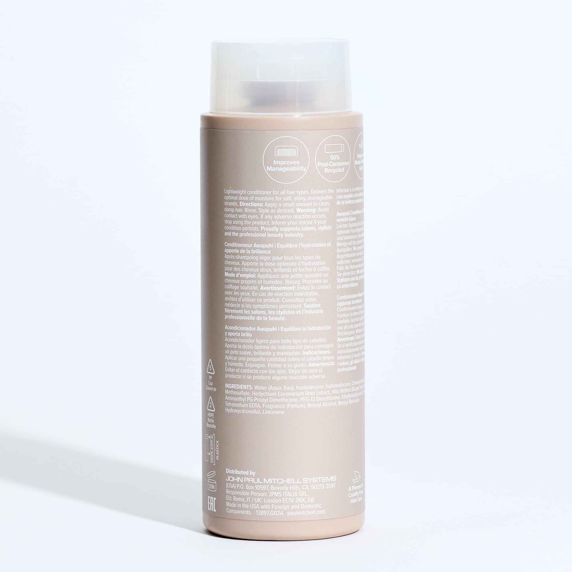 Compromiso ecológico de Paul Mitchell en el Acondicionador Awapuhi, envase sostenible.