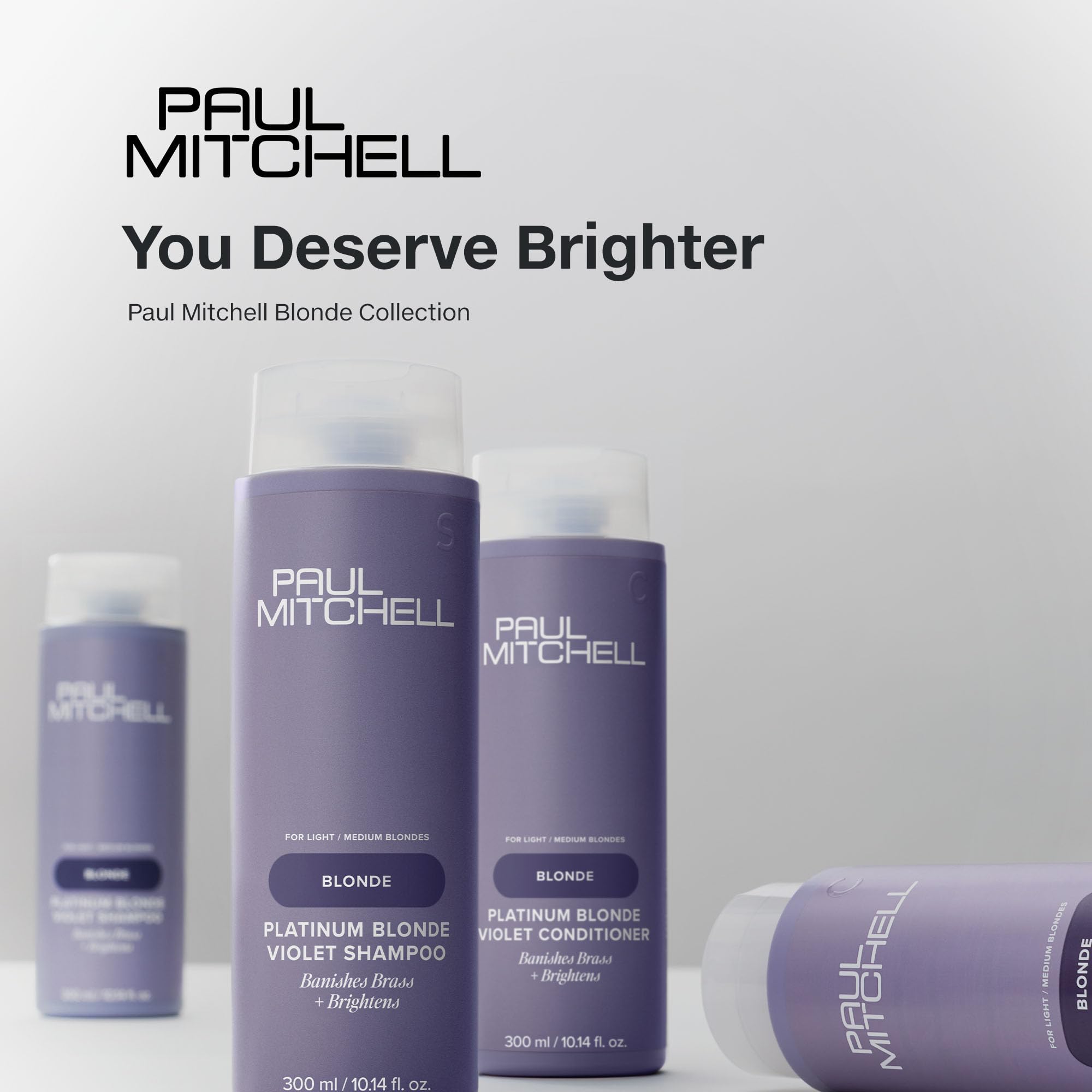 Champú violeta rubio platino de Paul Mitchell, uso semanal suave para rubios claros y plateados.