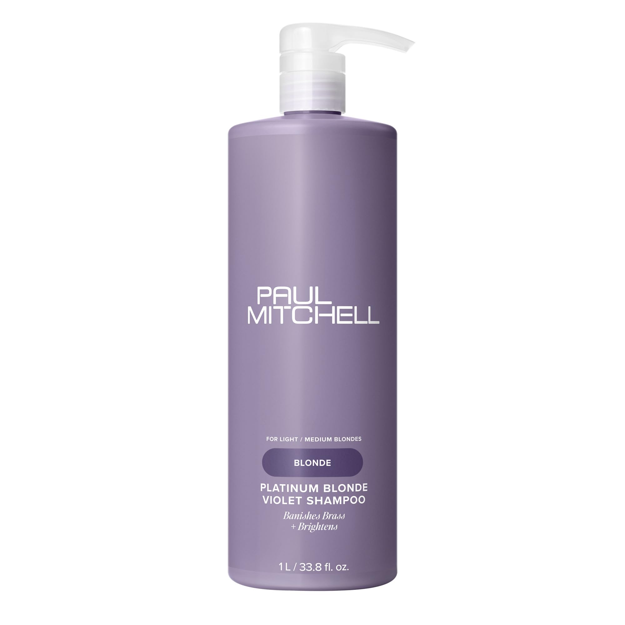 Champú violeta rubio platino de Paul Mitchell, botella frontal, ayuda a neutralizar tonos amarillos.