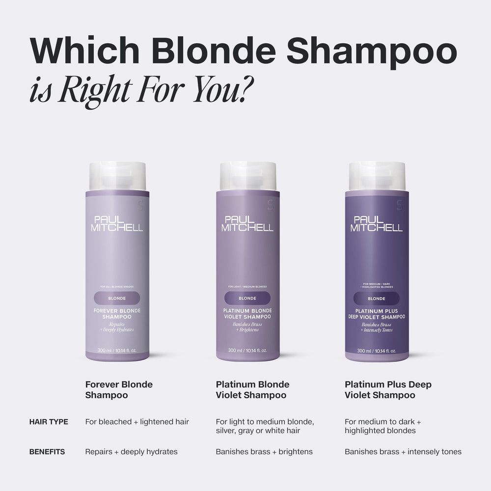 Champú violeta rubio platino de Paul Mitchell, elimina tonos cálidos manteniendo el rubio luminoso.