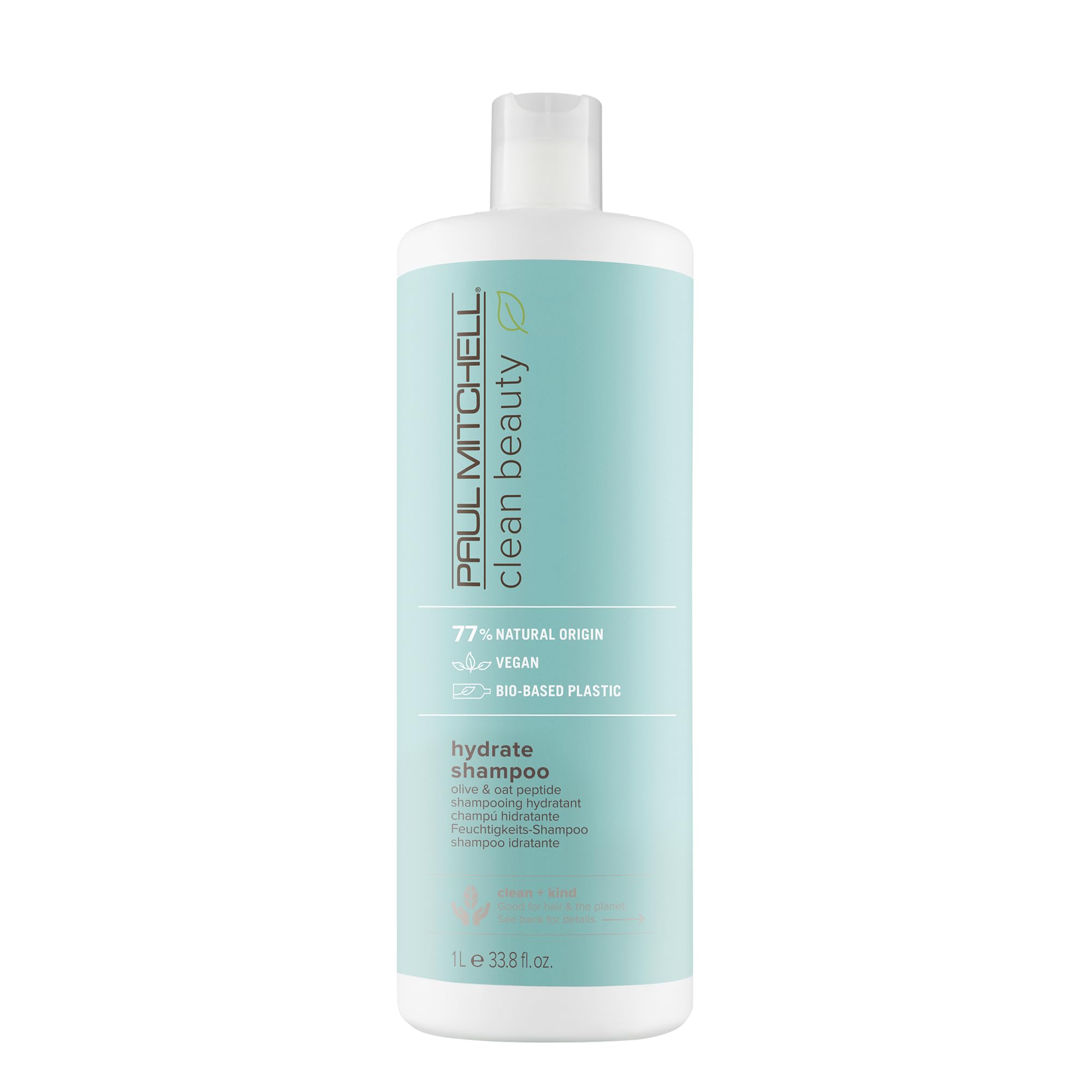 Frasco frontal de Paul Mitchell Clean Beauty Hydrate Shampoo, promueve hidratación suave para cabello seco.