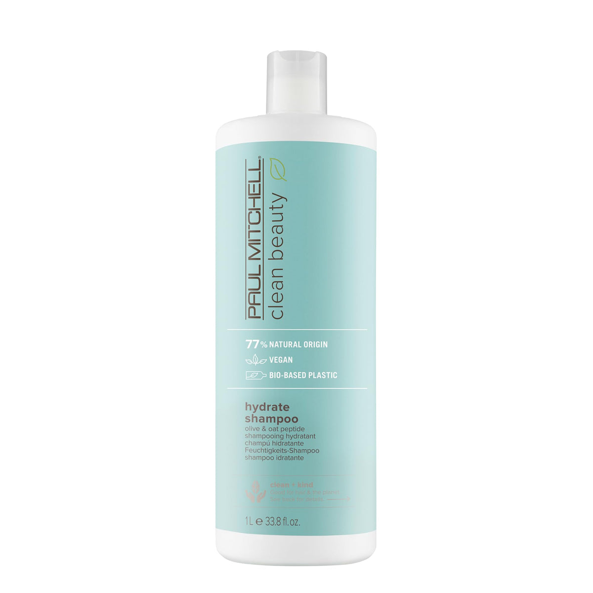 Frasco frontal de Paul Mitchell Clean Beauty Hydrate Shampoo, promueve hidratación suave para cabello seco.
