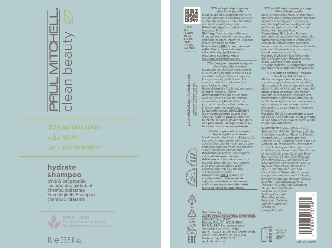 Cerca del logotipo de Paul Mitchell y sello de certificación natural.