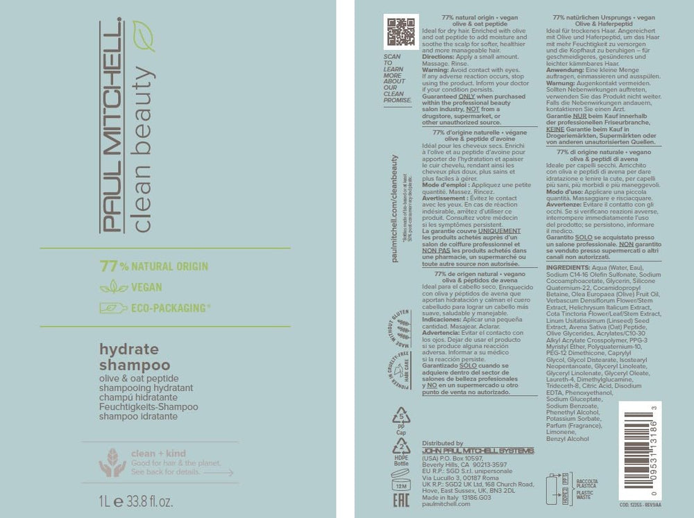 Cerca del logotipo de Paul Mitchell y sello de certificación natural.