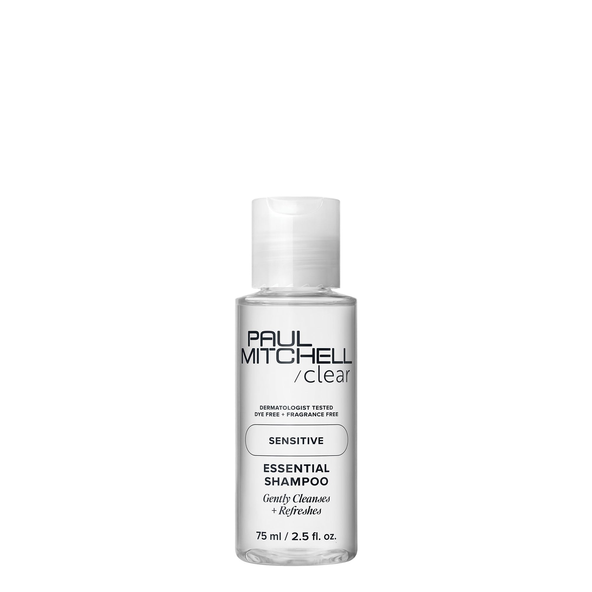 Paul Mitchell Champú Esencial Claro en botella de 74 ml, cuidado suave para cuero cabelludo sensible.