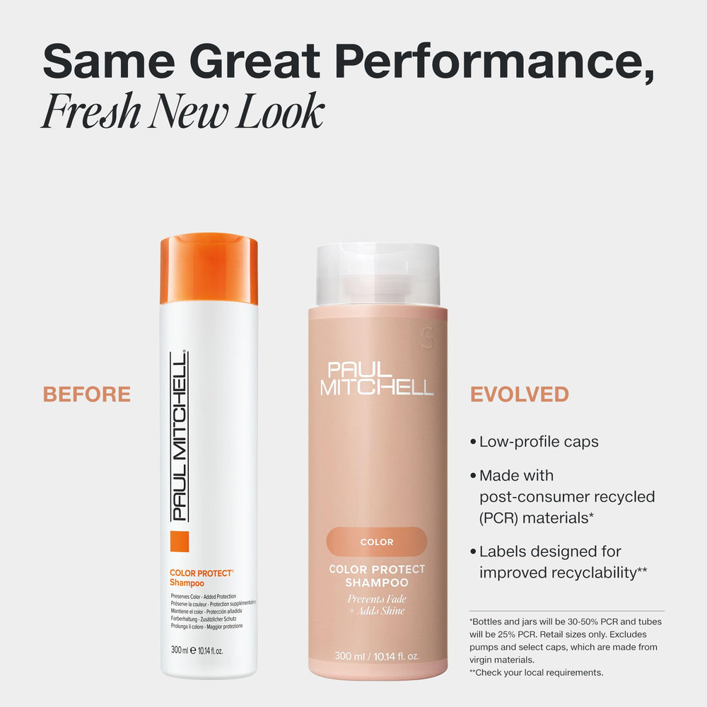 Paul Mitchell Color Protect Shampoo, detalle de botella, protege el color en cada lavado.