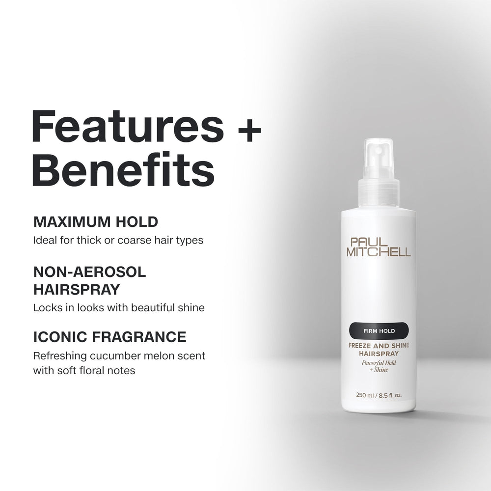 Paul Mitchell Freeze and Shine, primer plano de brillo intenso tras peinado.