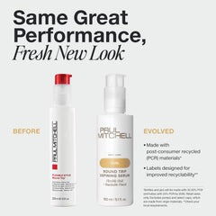 Paul Mitchell Round Trip Defining Serum gotea en la palma, definición rápida para rizos.
