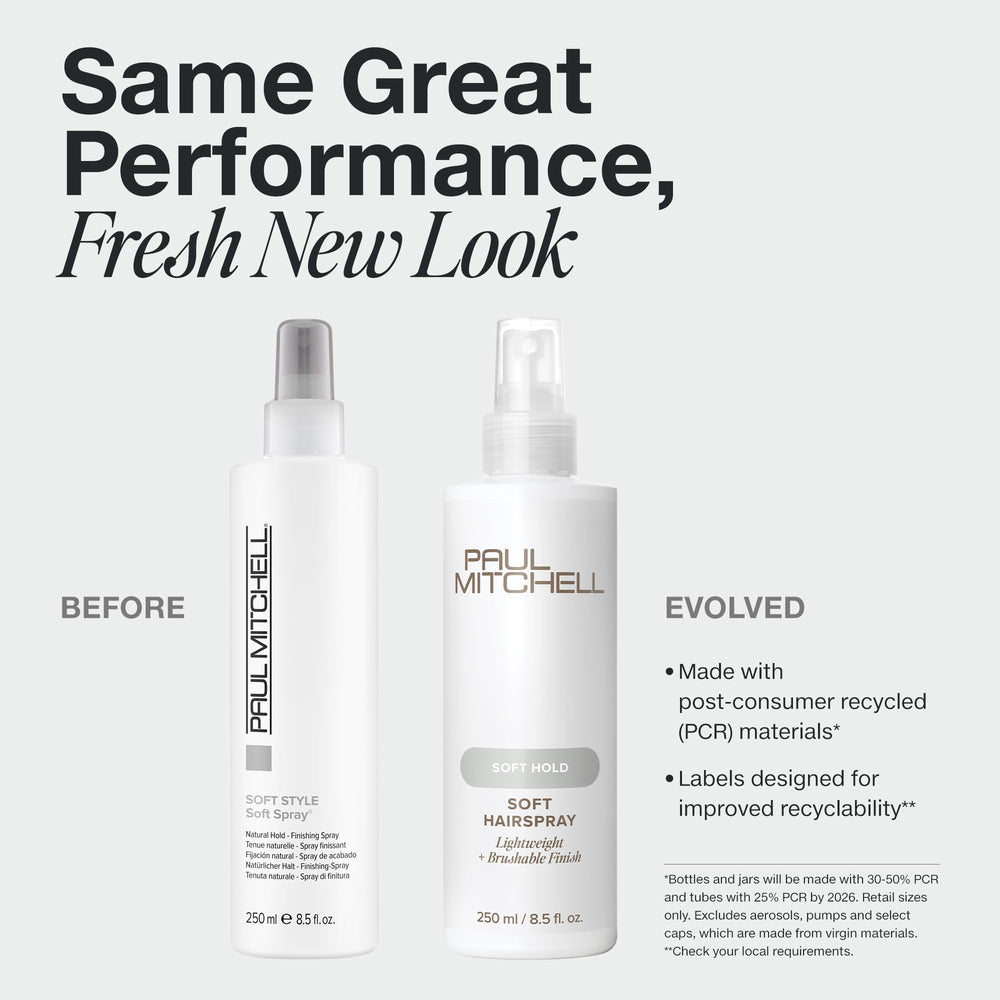 Paul Mitchell Soft Spray en mano, aplicando para peinado flexible