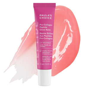 Paula's Choice Pro-Collagen Peptide Gloss Lip Balm aplicado en labios, hidratación suave y volumen ligero.
