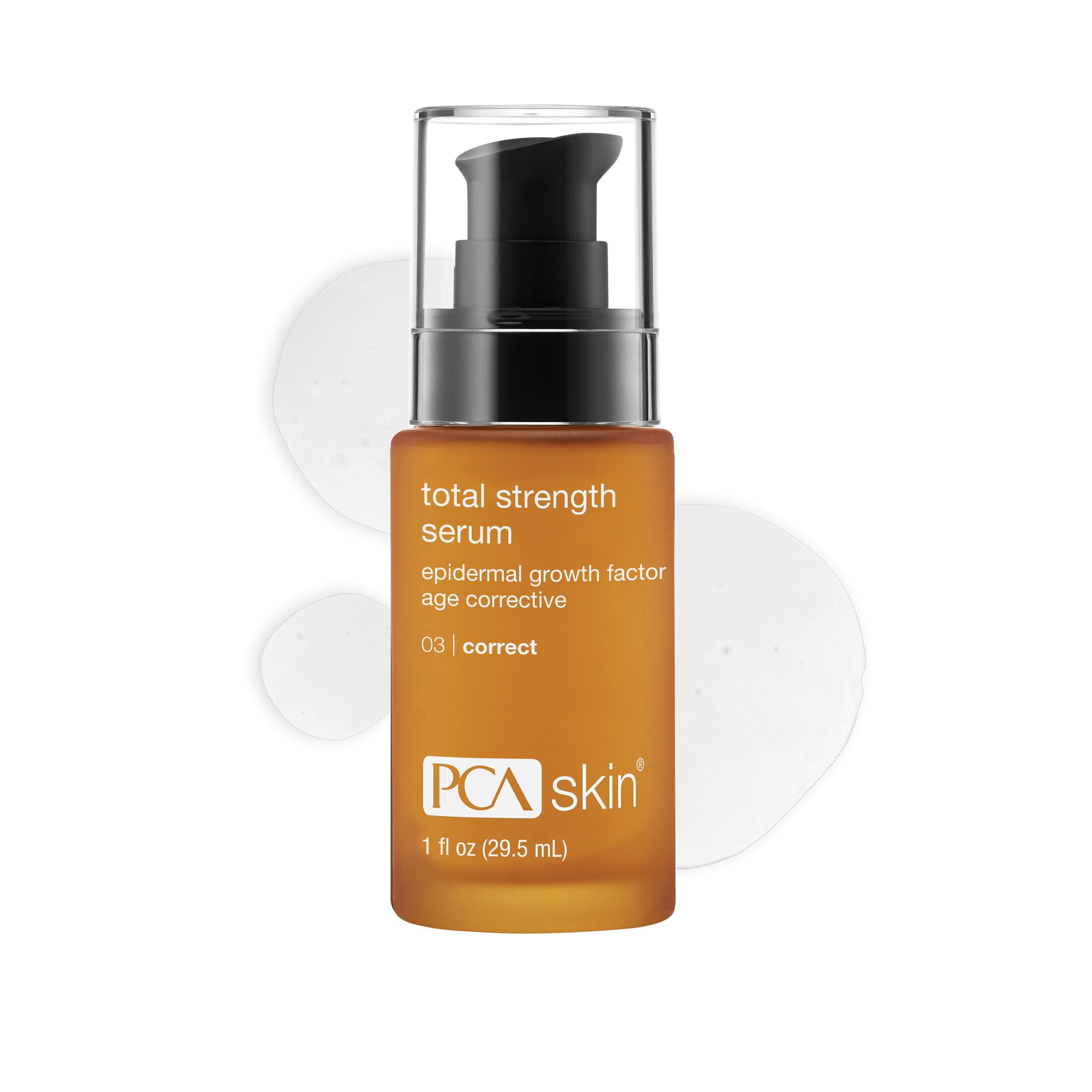 PCA SKIN Total Strength Serum botella con dispensador para aplicación suave y firme.