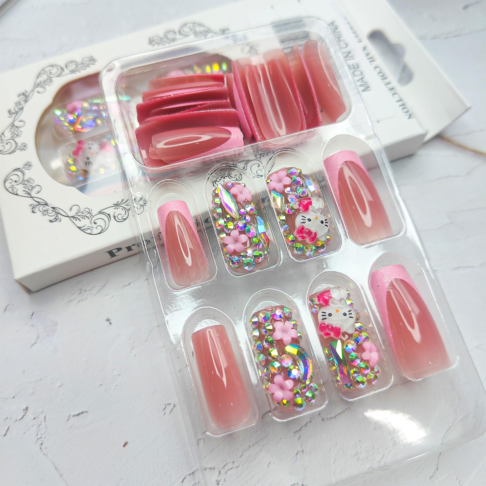 PDFADSK uñas brillo rosado con rhinestones para evento especial