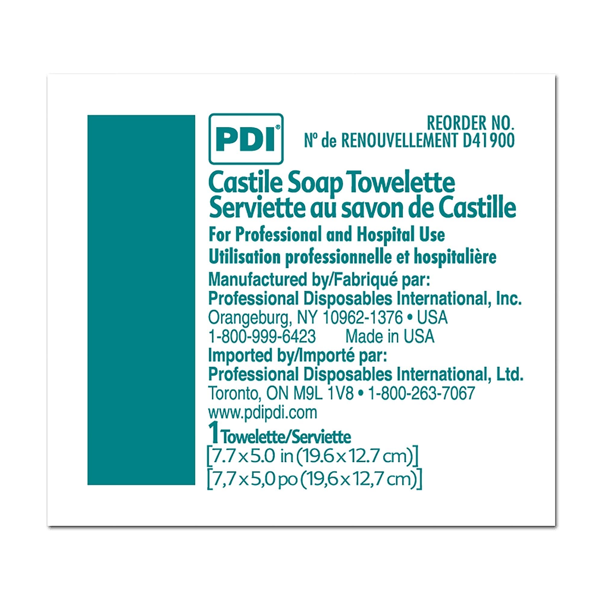 Toallita PDI jabón de Castilla con aceite de coco, limpieza facial rápida y suave.
