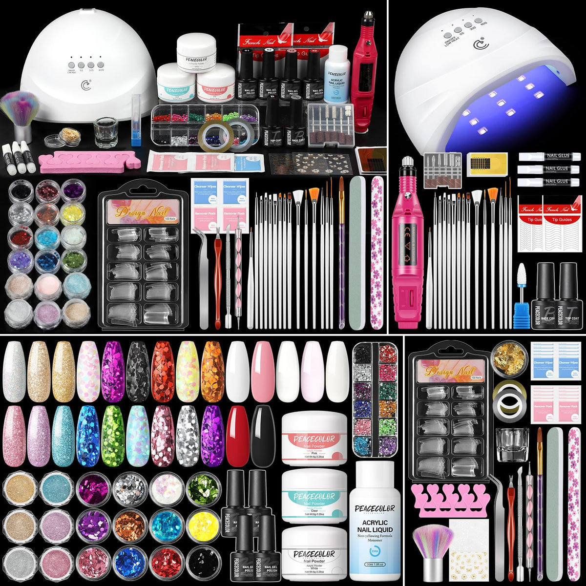 PEACECOLOR kit de uñas acrílicas para principiantes con lámpara, ideal para casa.