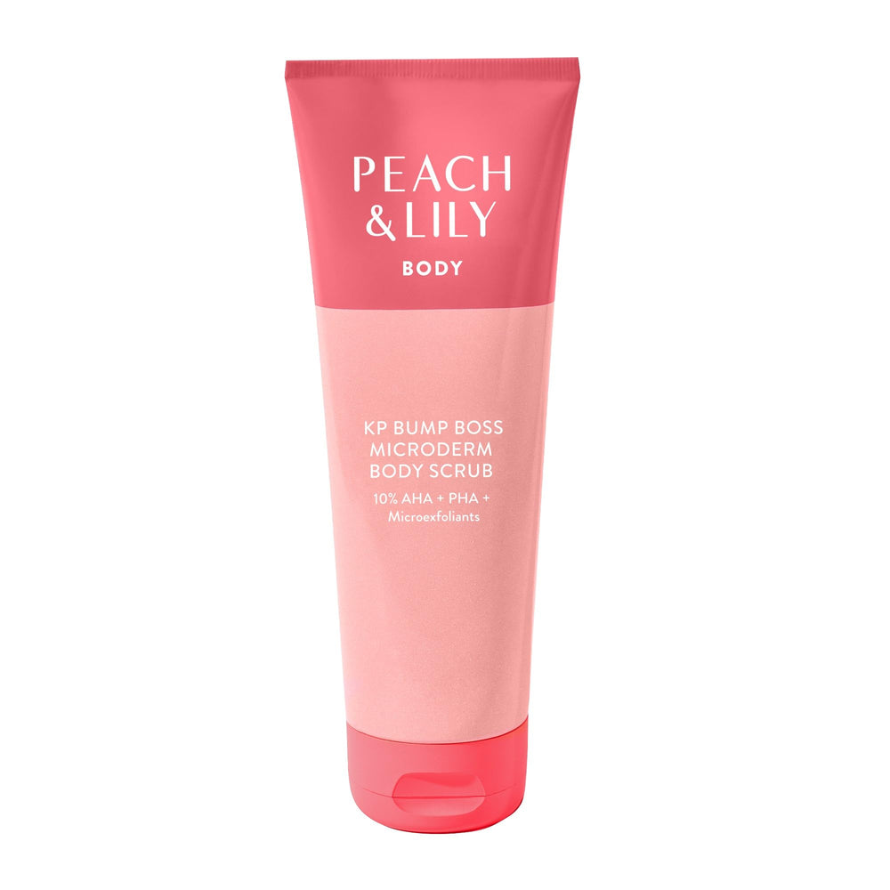 Peach & Lily KP Bump Boss exfoliante corporal muestra textura granulosa para suavizar la piel.