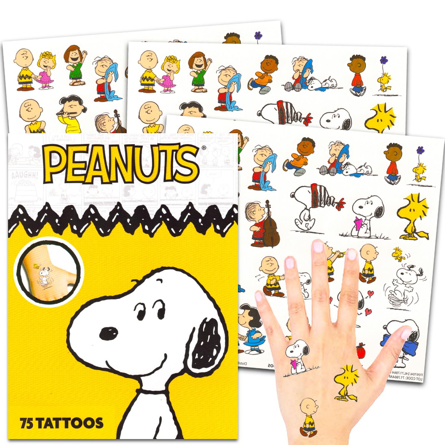 Tatuajes temporales Peanuts con Charlie Brown y Snoopy en tres hojas para fiestas