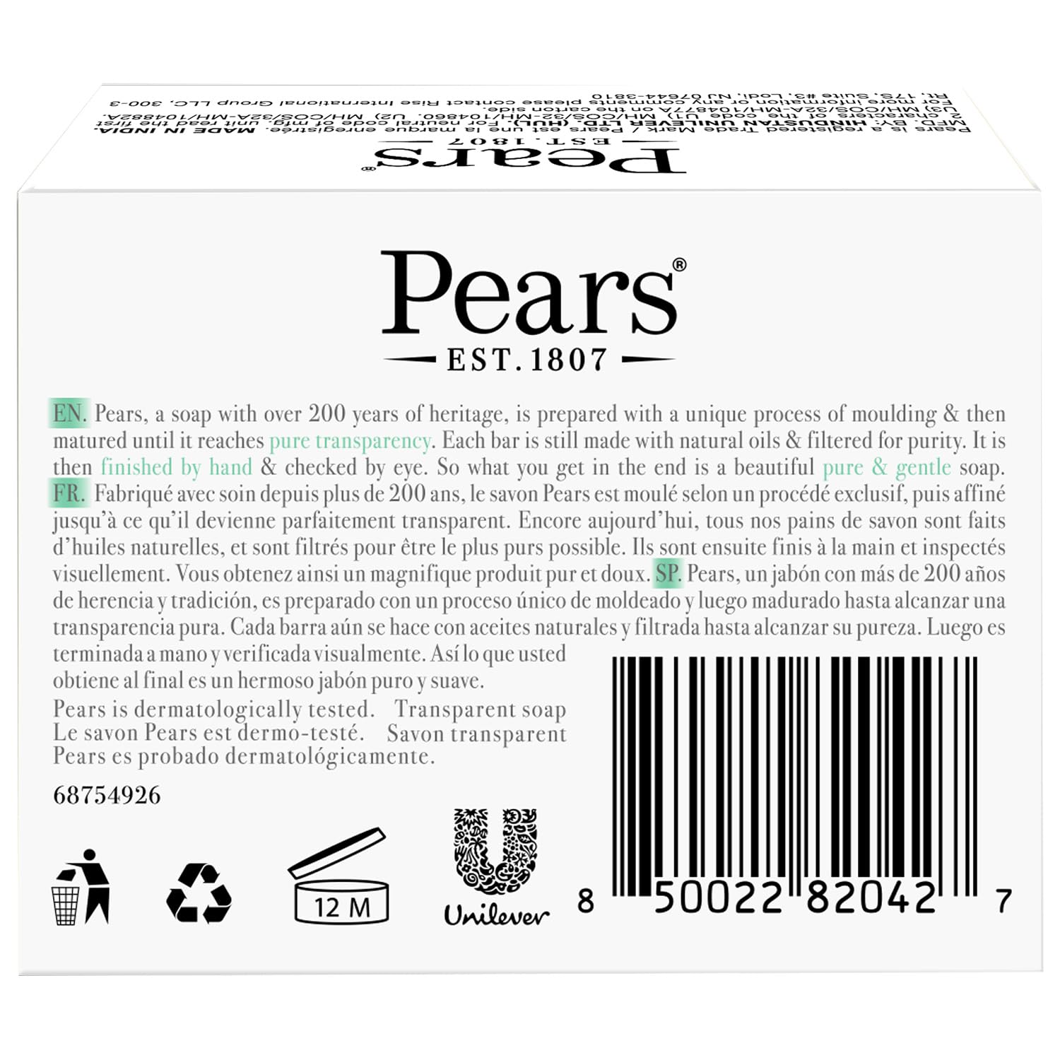 Pears barra jabón glicerina verde transparente, textura suave para uso diario