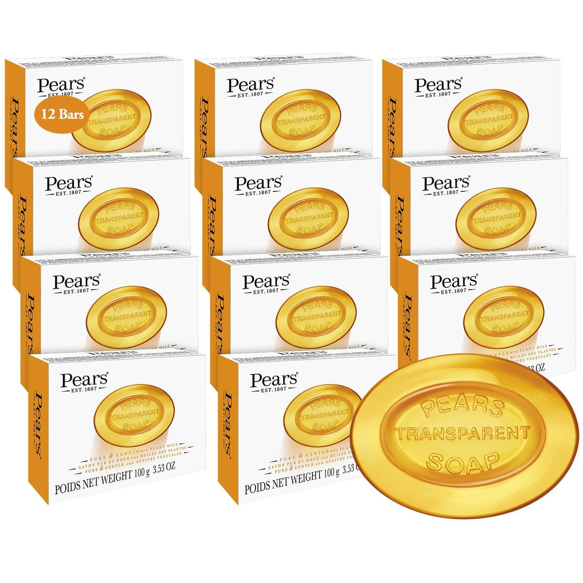 Pears Jabón barra transparente ámbar para limpieza suave y humectante.
